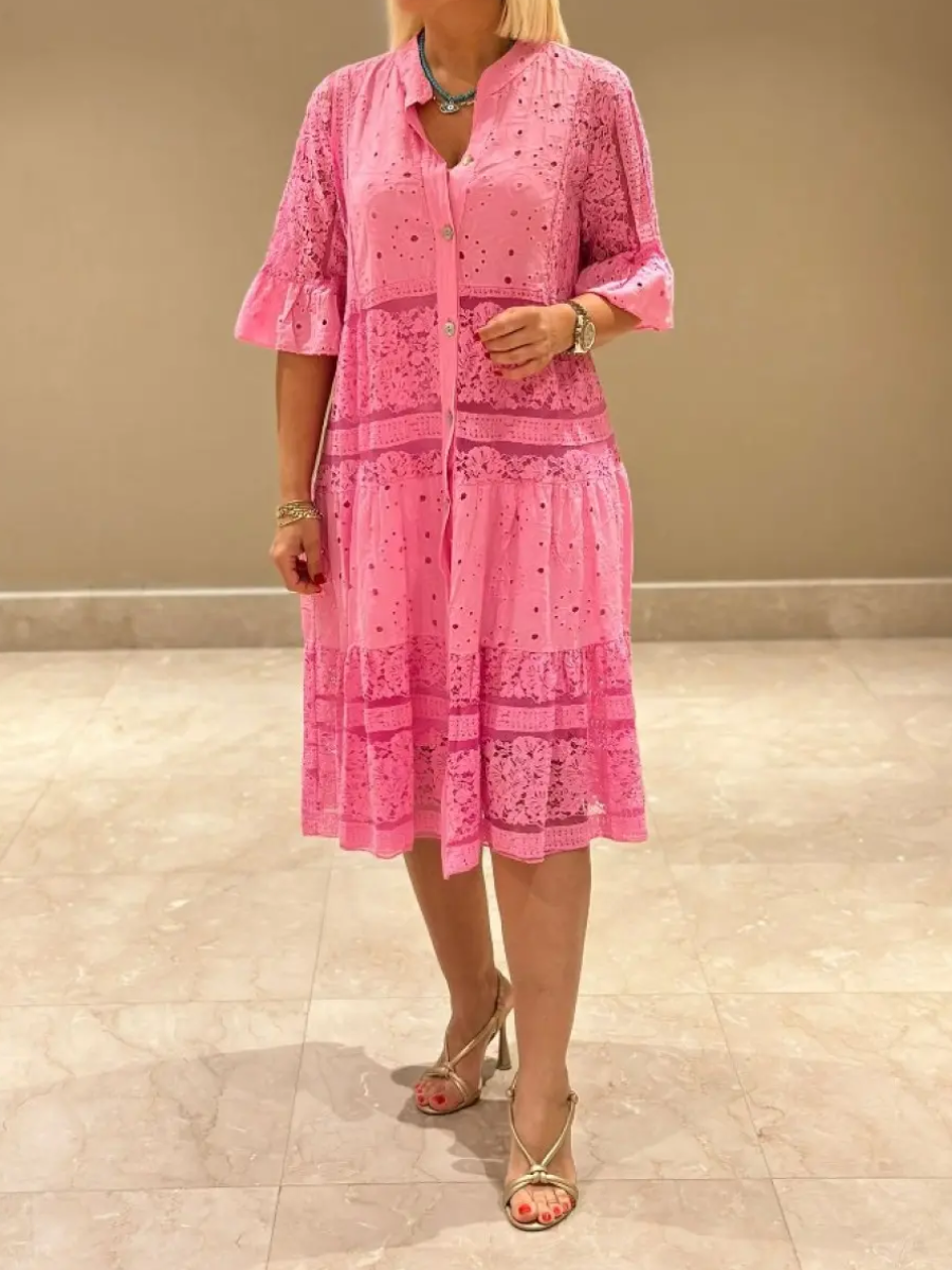 Emberly™ - Ledig Klänning med Broderi och Knäppning