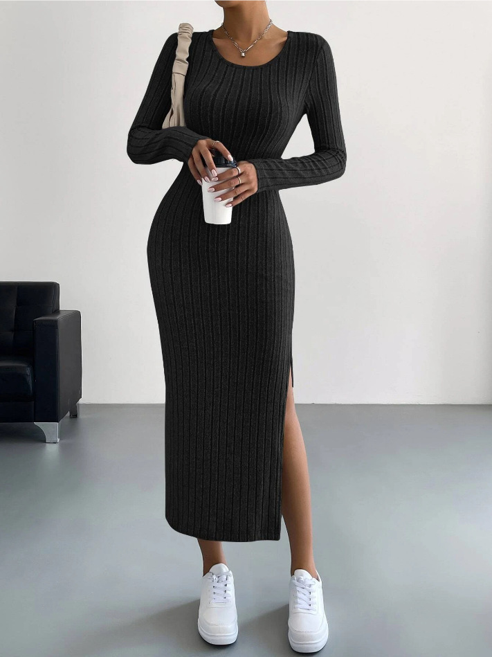 Luxe™ - Ribbad Stickad Långärmad Bodycon Klänning