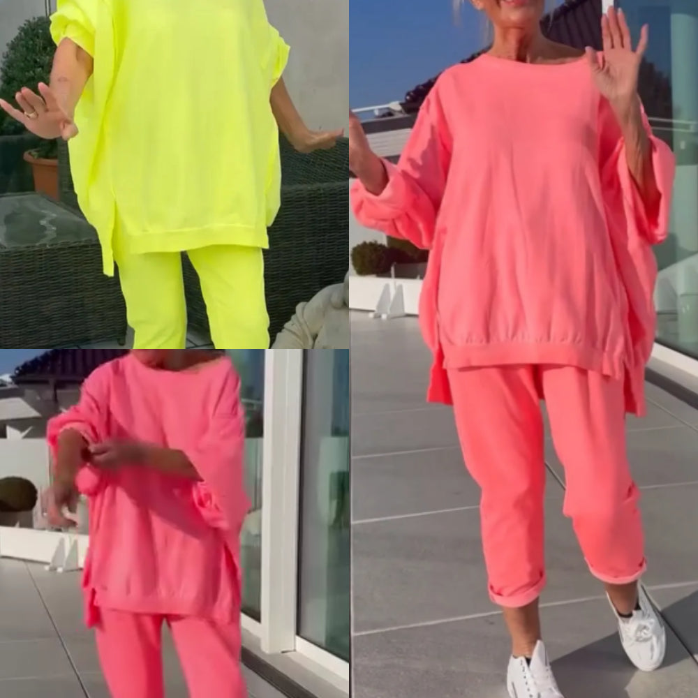 Louniva™ - Kvinnors Lediga Tvådelade Set med Rundhalsad Topp och Byxor