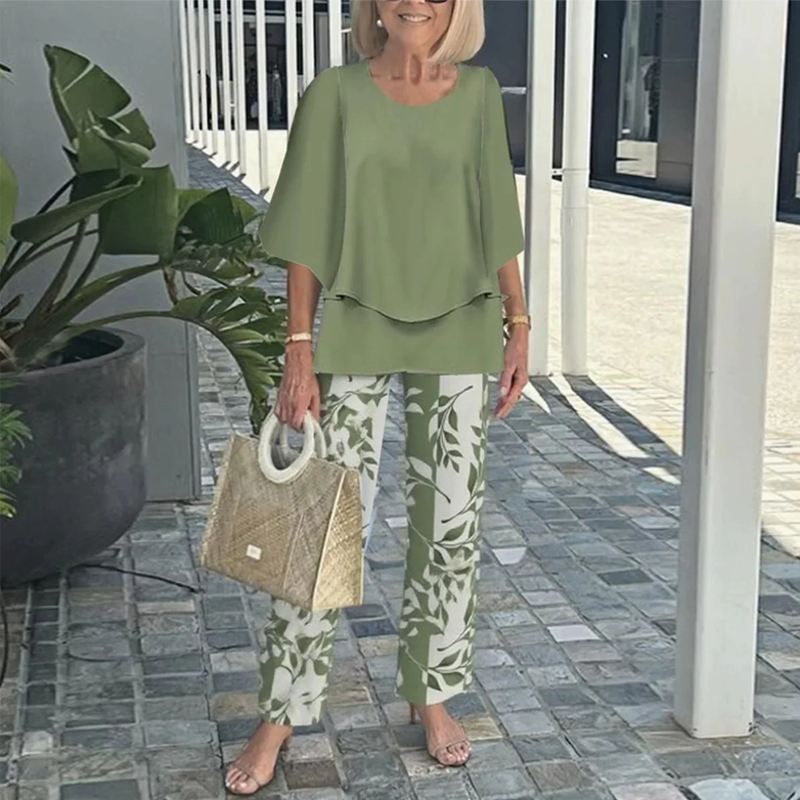 Casira™ - Avslappnad Set med Mönstrade Byxor och Rundhalsad Topp för Damer