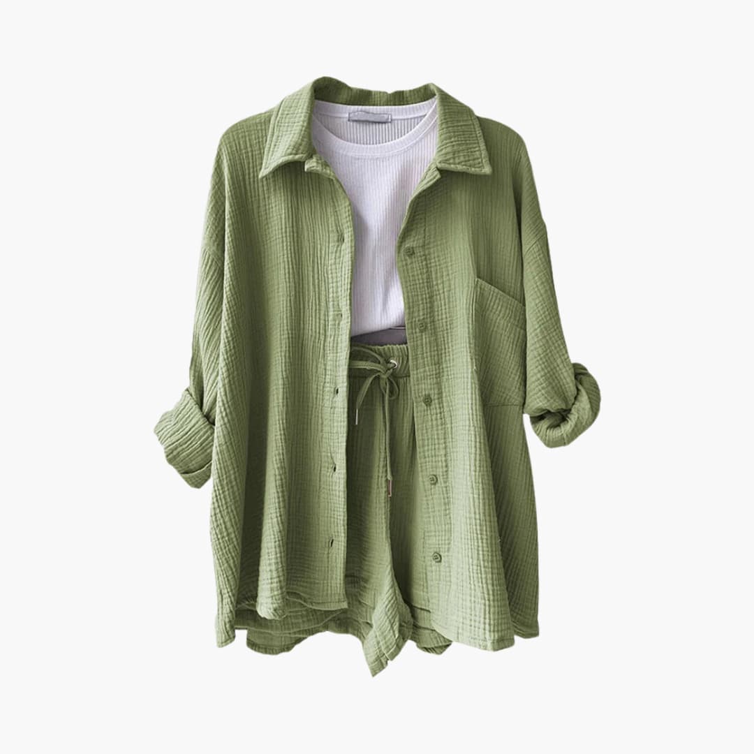 Lara™ - Bekväm Lös Button Top Och Kort 2-delat Set