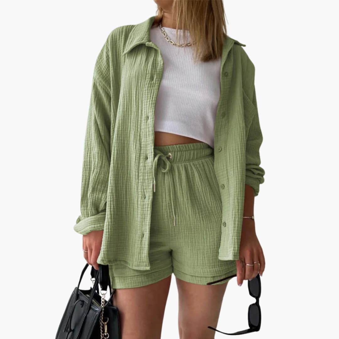 Lara™ - Bekväm Lös Button Top Och Kort 2-delat Set