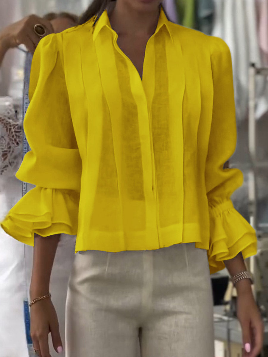 Flaria™ - Luftig & Avslappnad Blus med Veck och Volangärmar